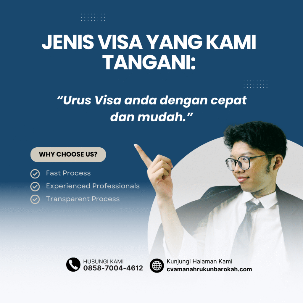 Jenis visa yang kami tanganipengajuan visa 96 jam arab saudiharus menggunakan jasa kamijasa cv. amanah rukun barokahpengajuan visa jurnalis dan media amerika